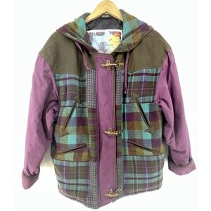 Vtg 90s Utex Coat Women M Wool Tweed Plaid Brass Clasps Purple Oversized Duffle